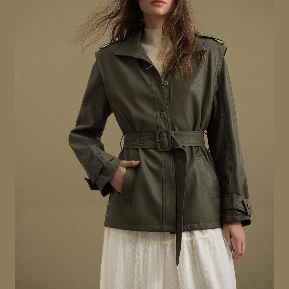 Olive Green Faux Leather Belted Jacket with Epaulettes